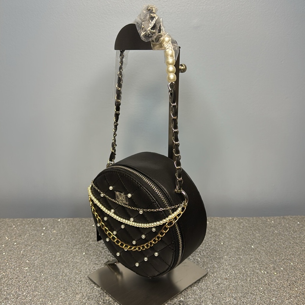 Badgley Mischka Black Quilted Mini Crossbody Bag with Gold and Silver Chains - Picture 5 of 9